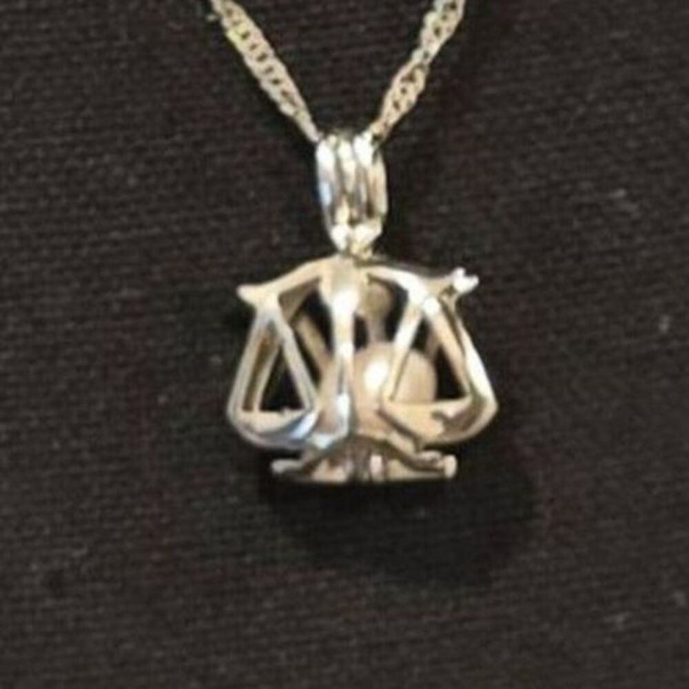 Vintage Sterling Silver Pearl Cage Pendant Necklace Wish Guardian Pearl 9"
